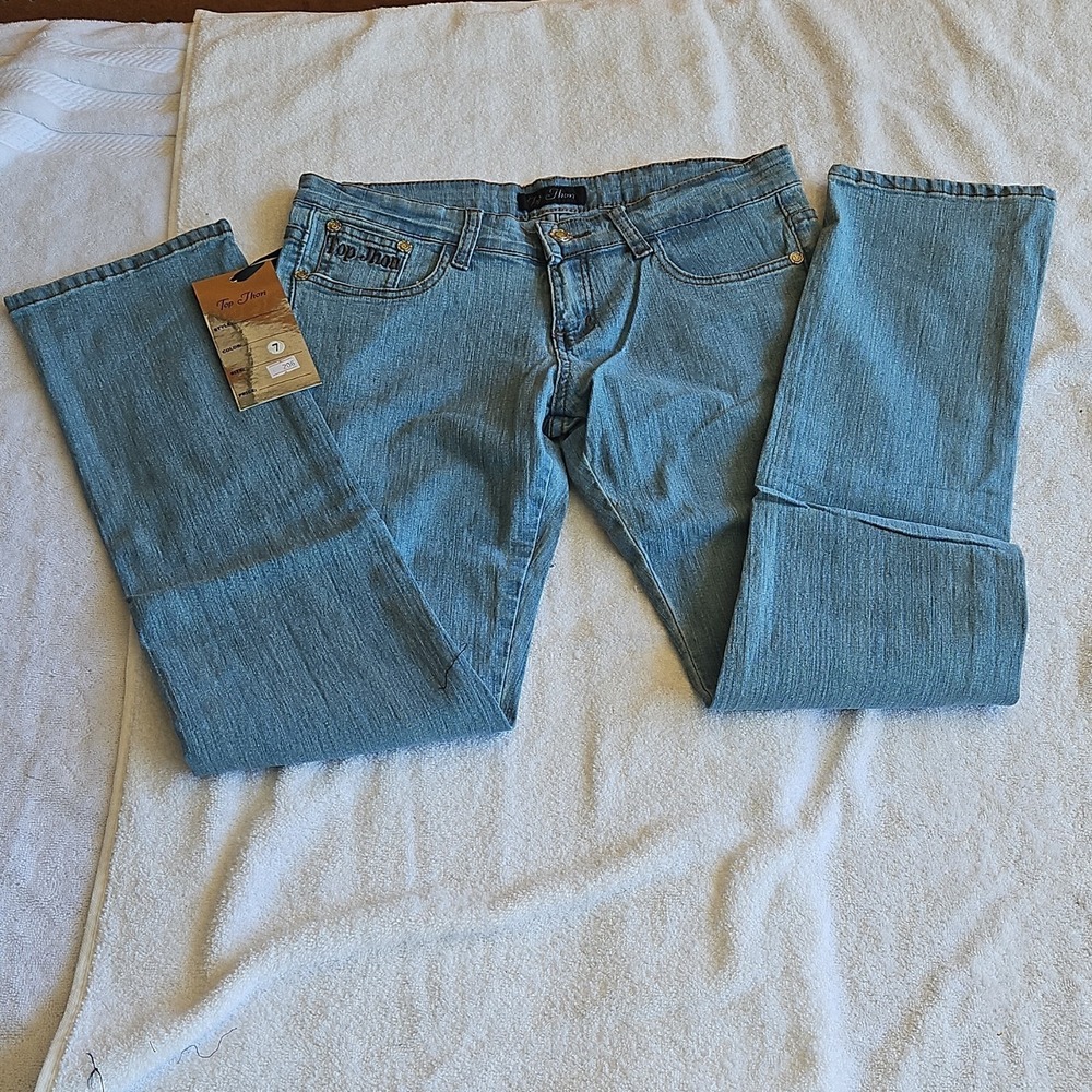 Top Jhon Jeans Girls Size 7 Blue Light Wash Bootcut Denim Embroidered Pockets